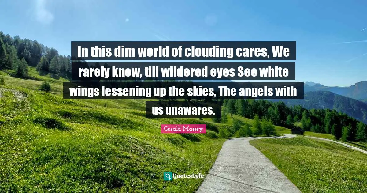 In this dim world of clouding cares, We rarely know, till wildered eyes See white wings lessening up the skies, The angels with us unawares.