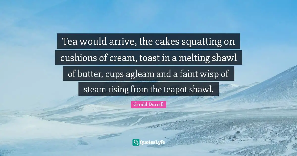 Cushions Quotes: "Tea would arrive, the cakes squatting on cushions of cream, toast in a melting shawl of butter, cups agleam and a faint wisp of steam rising from the teapot shawl."