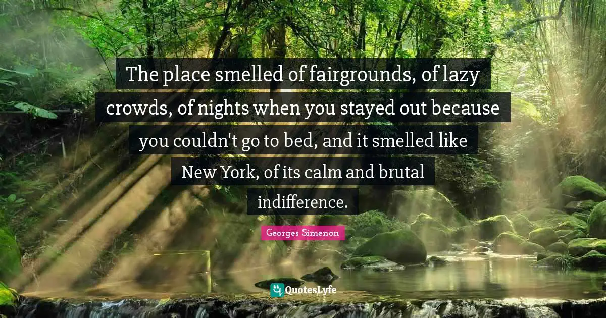 The place smelled of fairgrounds, of lazy crowds, of nights when you stayed out because you couldn't go to bed, and it smelled like New York, of its calm and brutal indifference.