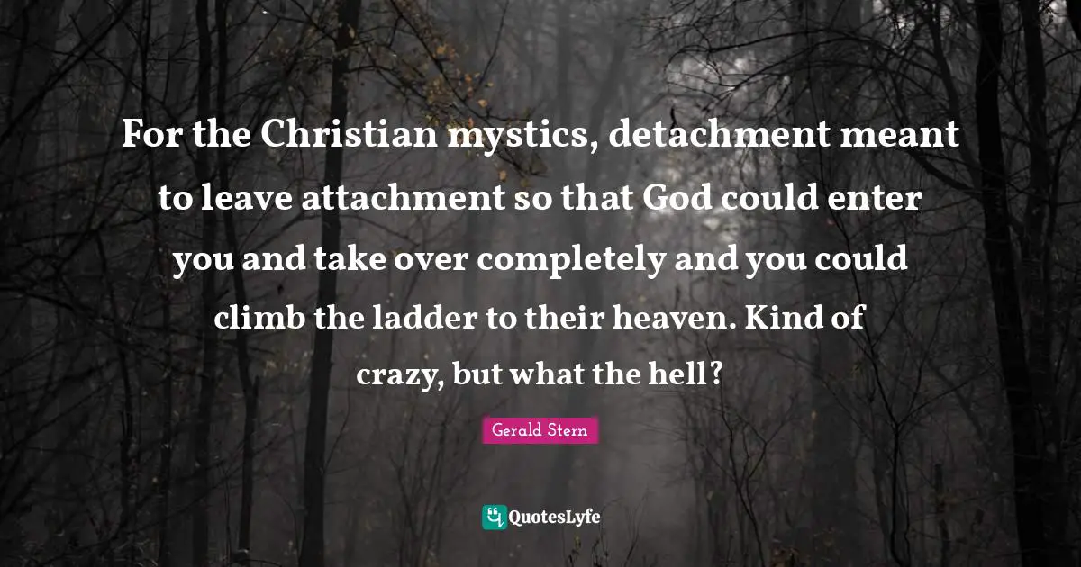 For the Christian mystics, detachment meant to leave attachment so that God could enter you and take over completely and you could climb the ladder to their heaven. Kind of crazy, but what the hell?