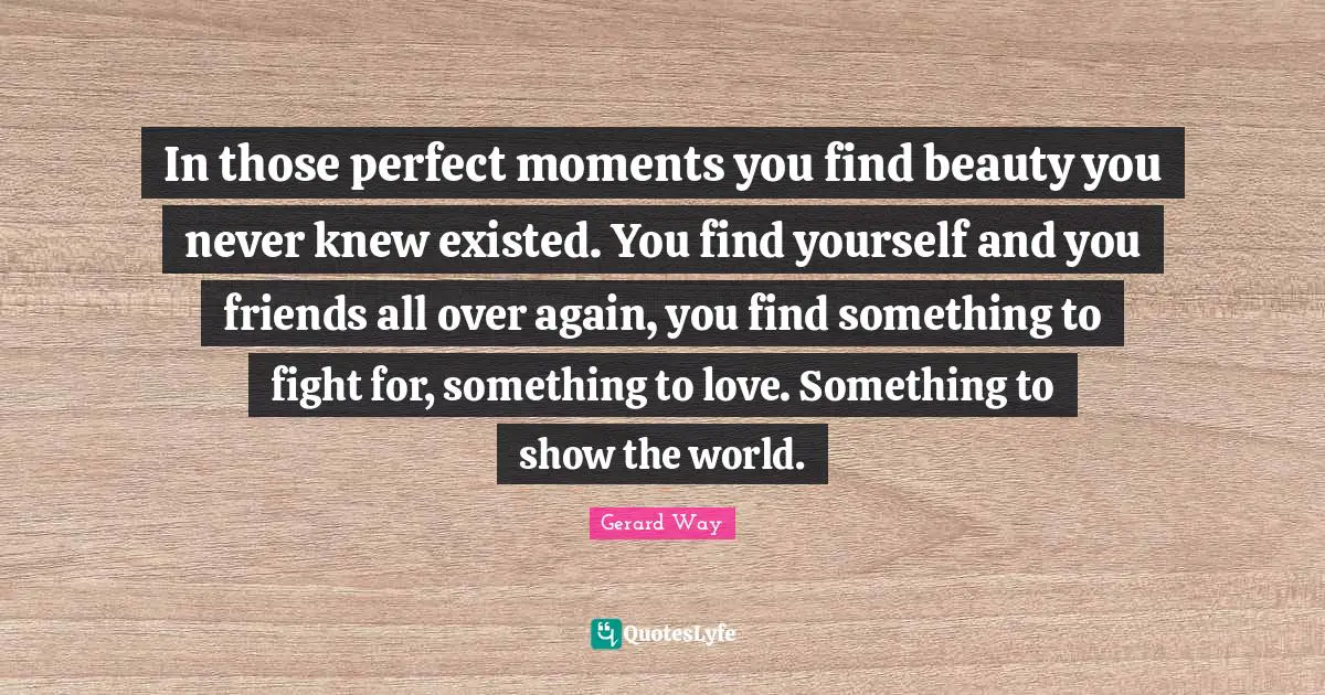 Fighting Quotes: "In those perfect moments you find beauty you never knew existed. You find yourself and you friends all over again, you find something to fight for, something to love. Something to show the world."