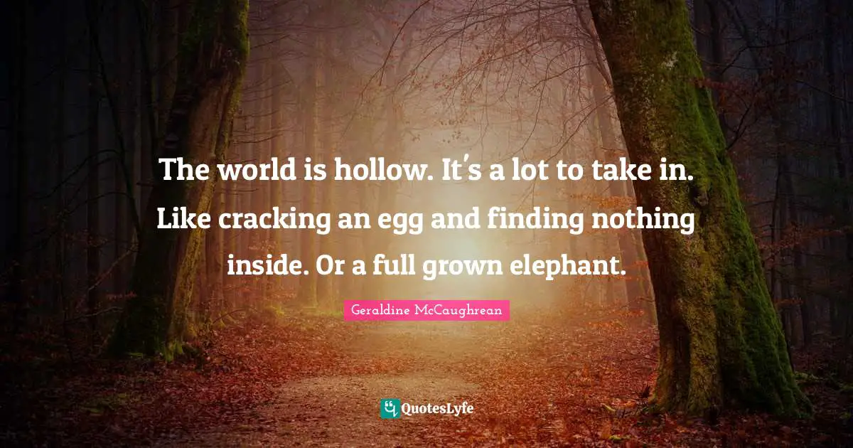 The world is hollow. It's a lot to take in. Like cracking an egg and finding nothing inside. Or a full grown elephant.