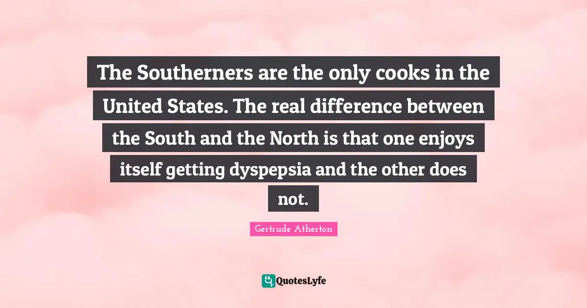 The Southerners are the only cooks in the United States. The real difference between the South and the North is that one enjoys itself getting dyspepsia and the other does not.