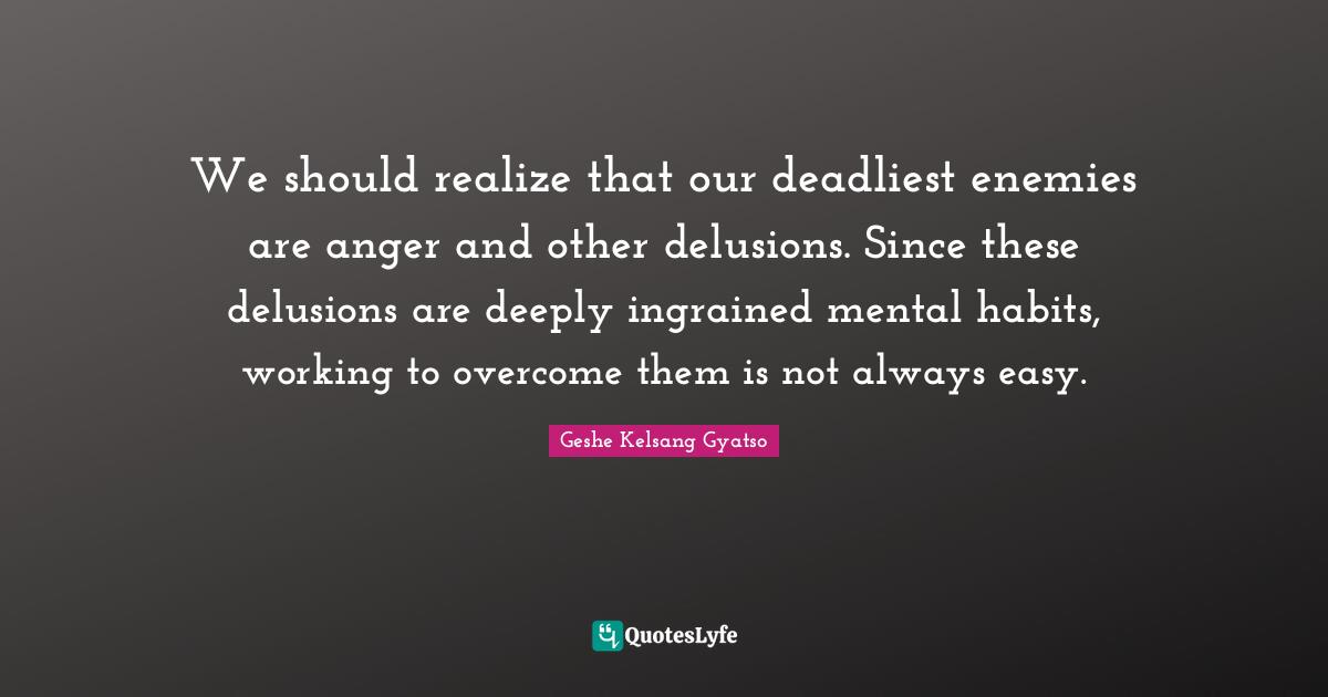 We should realize that our deadliest enemies are anger and other delusions. Since these delusions are deeply ingrained mental habits, working to overcome them is not always easy.