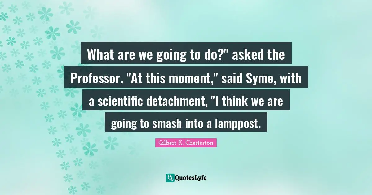 What are we going to do?" asked the Professor. "At this moment," said Syme, with a scientific detachment, "I think we are going to smash into a lamppost.