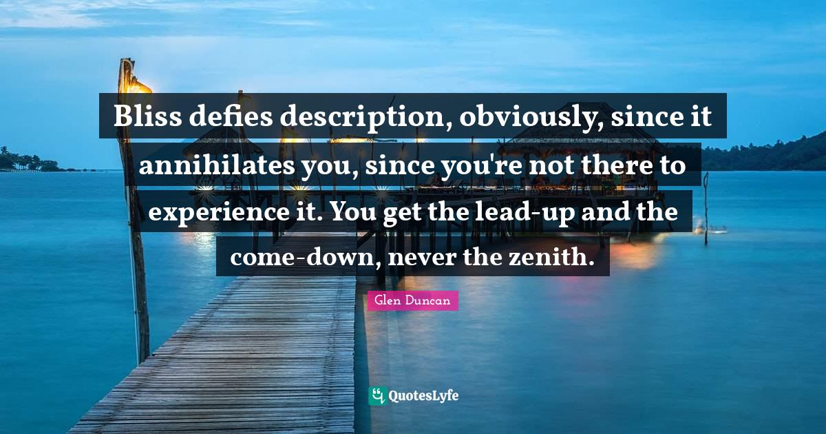Bliss defies description, obviously, since it annihilates you, since you're not there to experience it. You get the lead-up and the come-down, never the zenith.