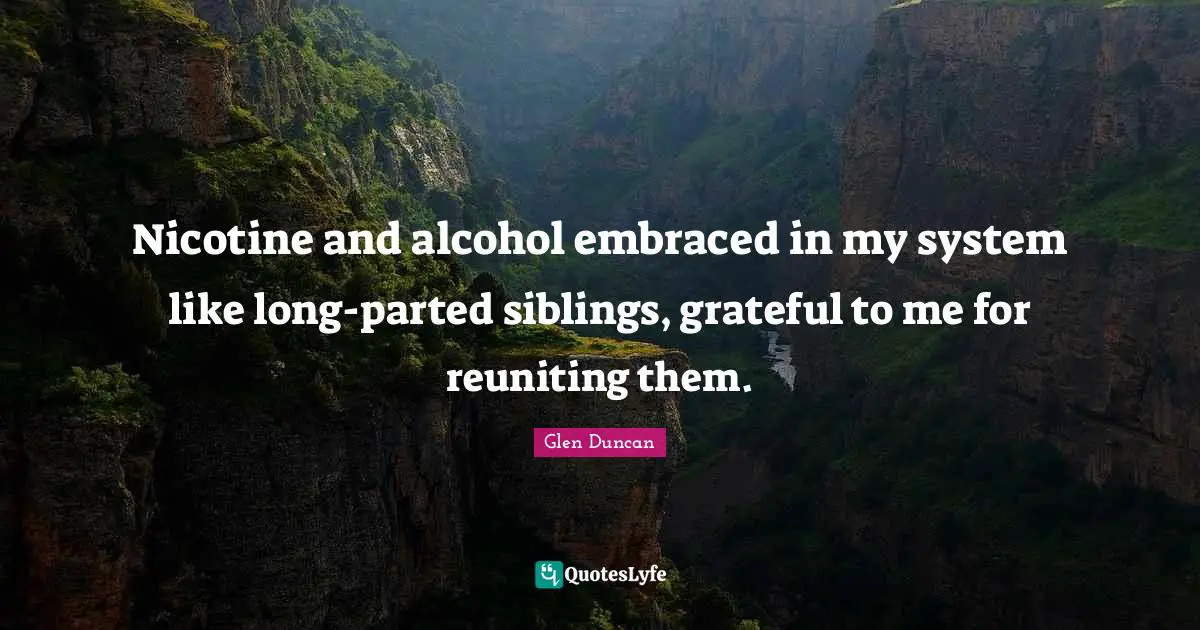 Nicotine and alcohol embraced in my system like long-parted siblings, grateful to me for reuniting them.