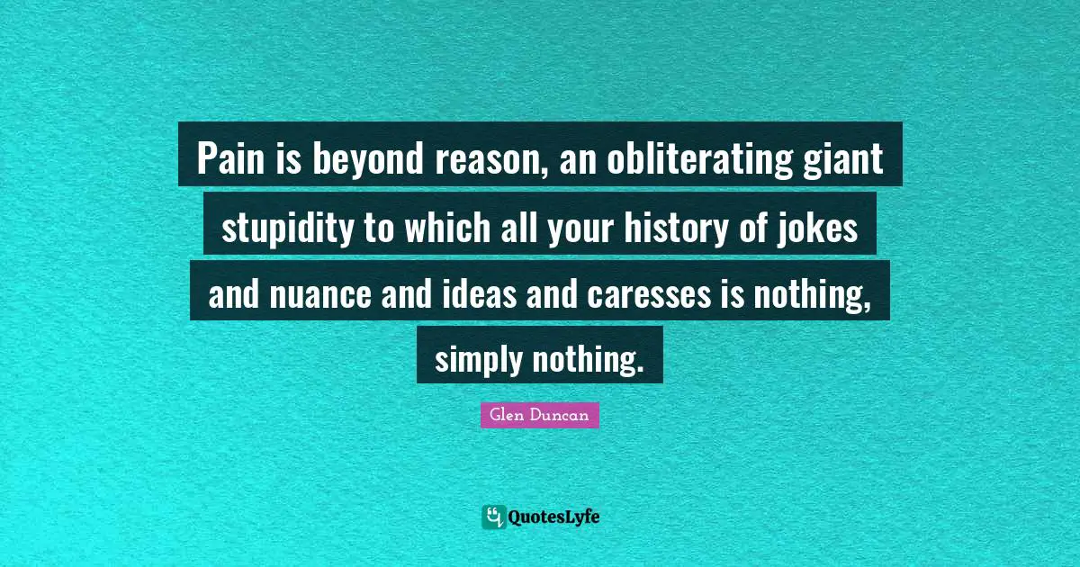 Pain is beyond reason, an obliterating giant stupidity to which all your history of jokes and nuance and ideas and caresses is nothing, simply nothing.