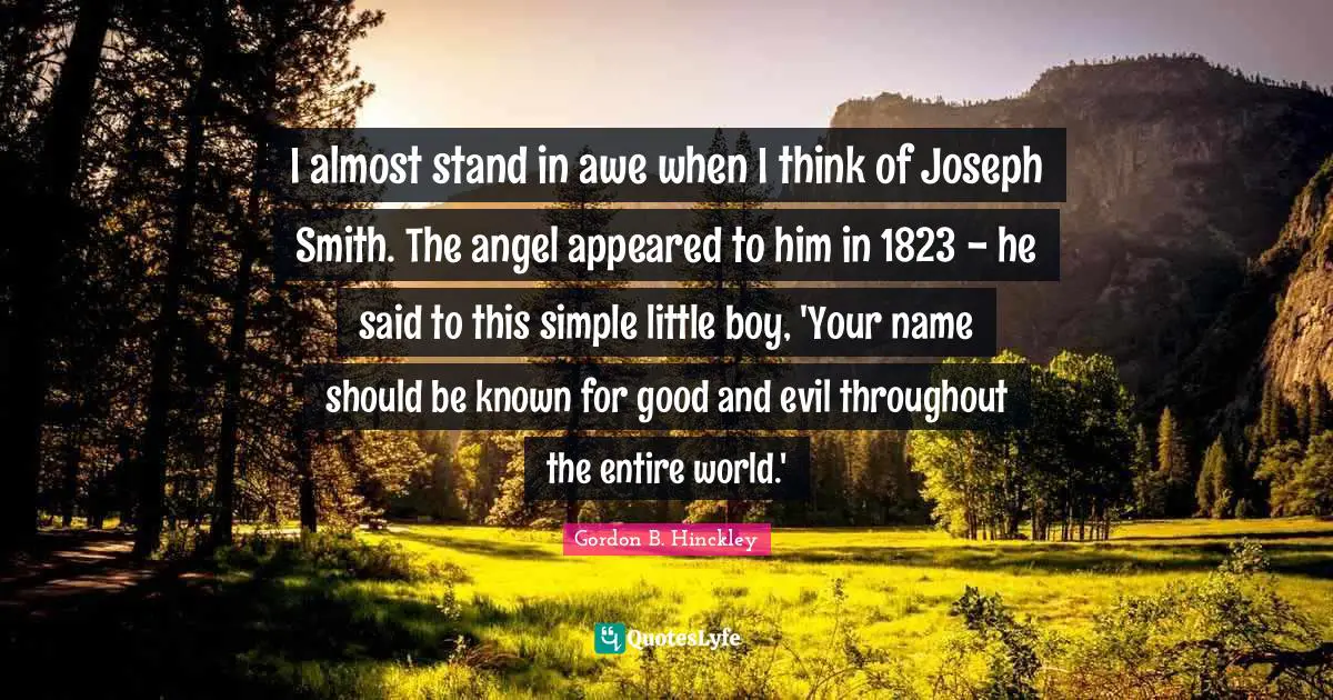 I almost stand in awe when I think of Joseph Smith. The angel appeared to him in 1823 - he said to this simple little boy, 'Your name should be known for good and evil throughout the entire world.'