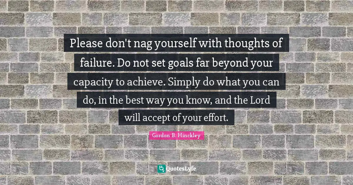Please don't nag yourself with thoughts of failure. Do not set goals far beyond your capacity to achieve. Simply do what you can do, in the best way you know, and the Lord will accept of your effort.