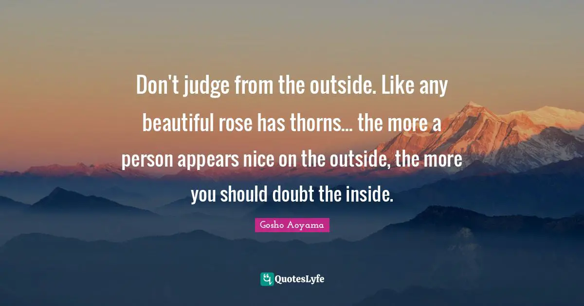 Don't judge from the outside. Like any beautiful rose has thorns... the more a person appears nice on the outside, the more you should doubt the inside.