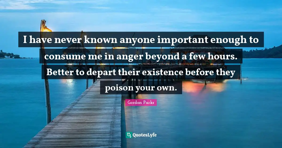 Gordon Parks Quotes: "I have never known anyone important enough to consume me in anger beyond a few hours. Better to depart their existence before they poison your own."