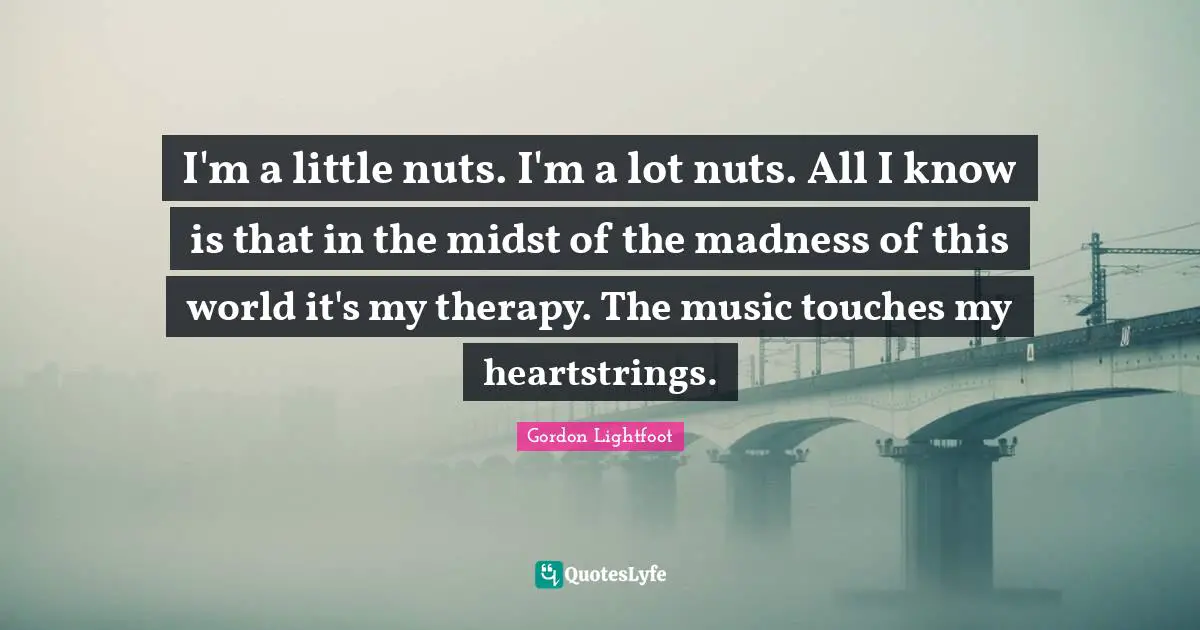 I'm a little nuts. I'm a lot nuts. All I know is that in the midst of the madness of this world it's my therapy. The music touches my heartstrings.