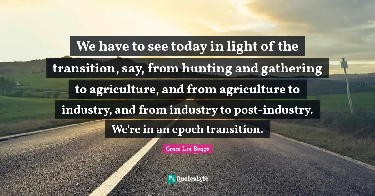 Grace Lee Boggs Quotes: "We have to see today in light of the transition, say, from hunting and gathering to agriculture, and from agriculture to industry, and from industry to post-industry. We're in an epoch transition."