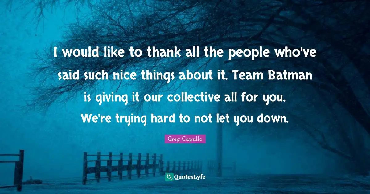 I would like to thank all the people who've said such nice things about it. Team Batman is giving it our collective all for you. We're trying hard to not let you down.