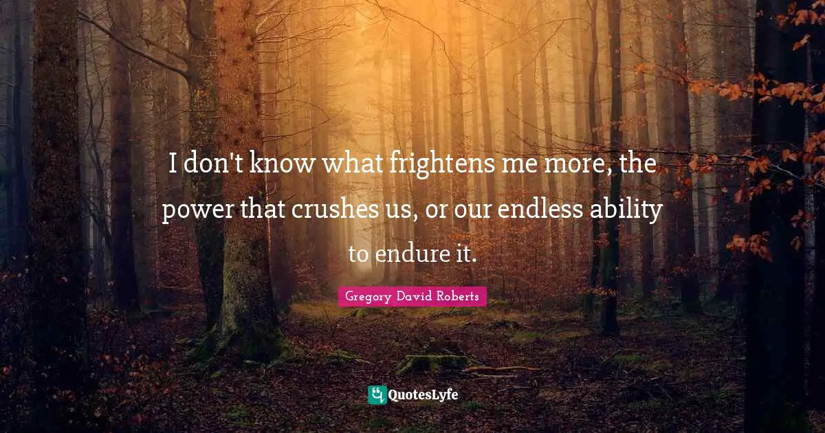 David Roberts Quotes: "I don't know what frightens me more, the power that crushes us, or our endless ability to endure it."