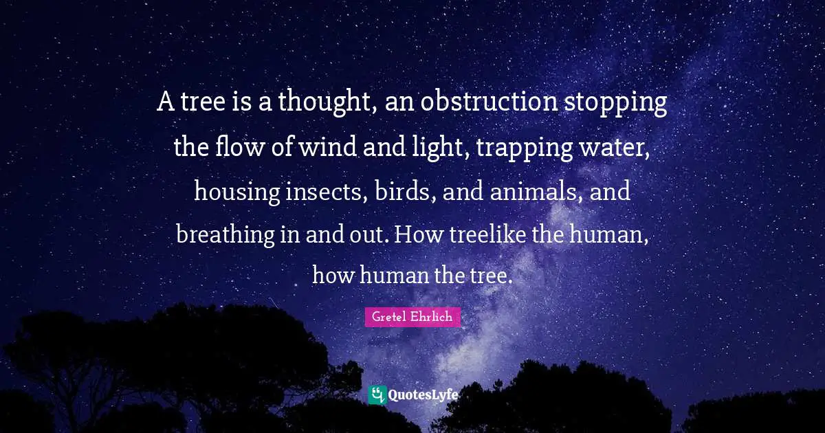 Gretel Ehrlich Quotes: "A tree is a thought, an obstruction stopping the flow of wind and light, trapping water, housing insects, birds, and animals, and breathing in and out. How treelike the human, how human the tree."