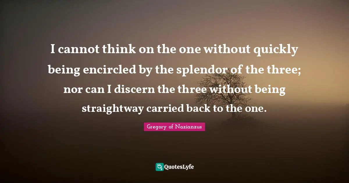 I cannot think on the one without quickly being encircled by the splendor of the three; nor can I discern the three without being straightway carried back to the one.