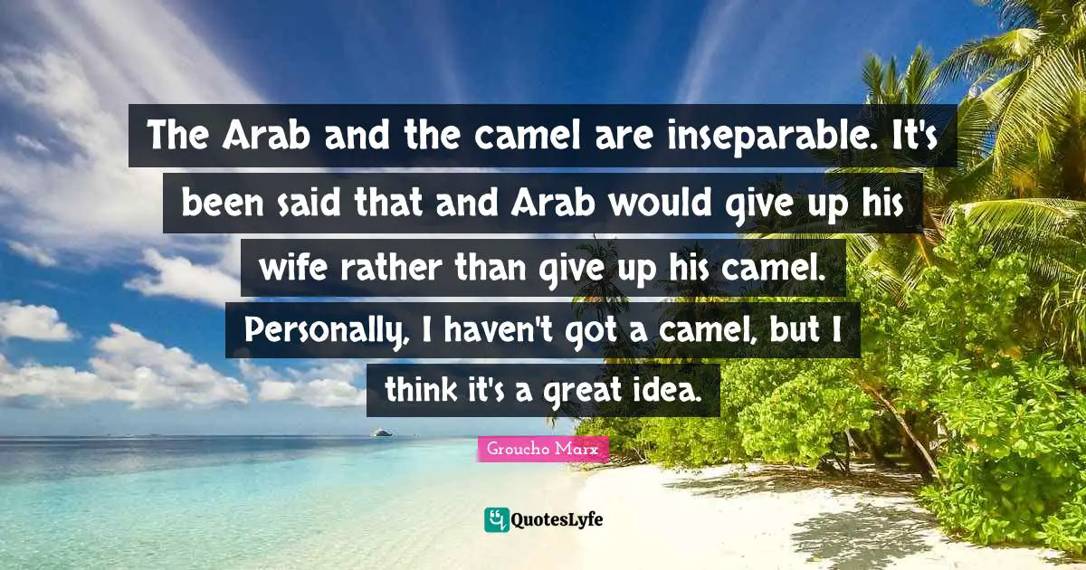 The Arab and the camel are inseparable. It's been said that and Arab would give up his wife rather than give up his camel. Personally, I haven't got a camel, but I think it's a great idea.