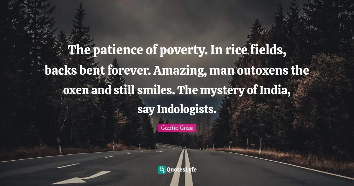 Gunter Grass Quotes: "The patience of poverty. In rice fields, backs bent forever. Amazing, man outoxens the oxen and still smiles. The mystery of India, say Indologists."