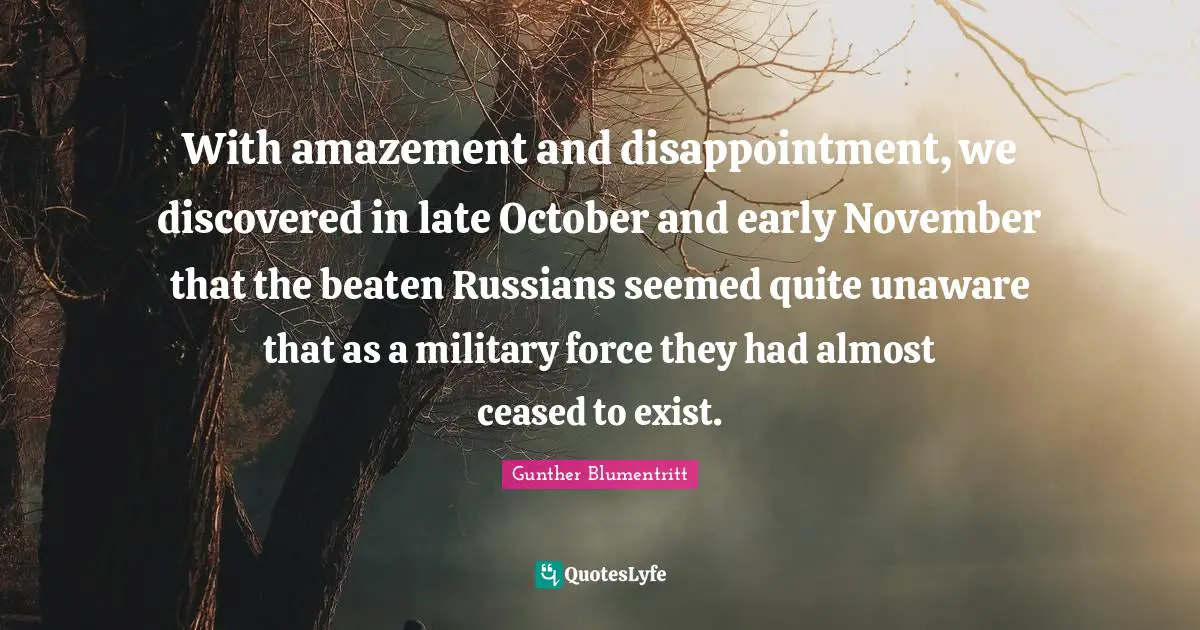With amazement and disappointment, we discovered in late October and early November that the beaten Russians seemed quite unaware that as a military force they had almost ceased to exist.