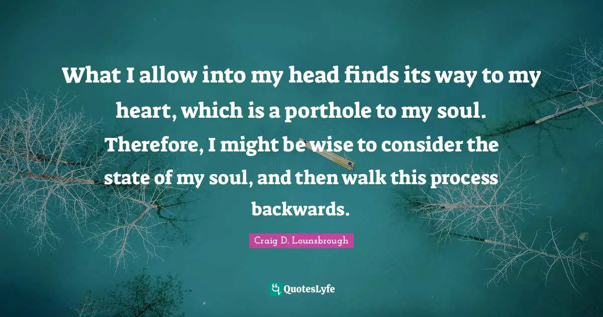 What I allow into my head finds its way to my heart, which is a porthole to my soul. Therefore, I might be wise to consider the state of my soul, and then walk this process backwards.