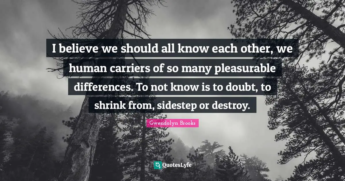 I believe we should all know each other, we human carriers of so many pleasurable differences. To not know is to doubt, to shrink from, sidestep or destroy.