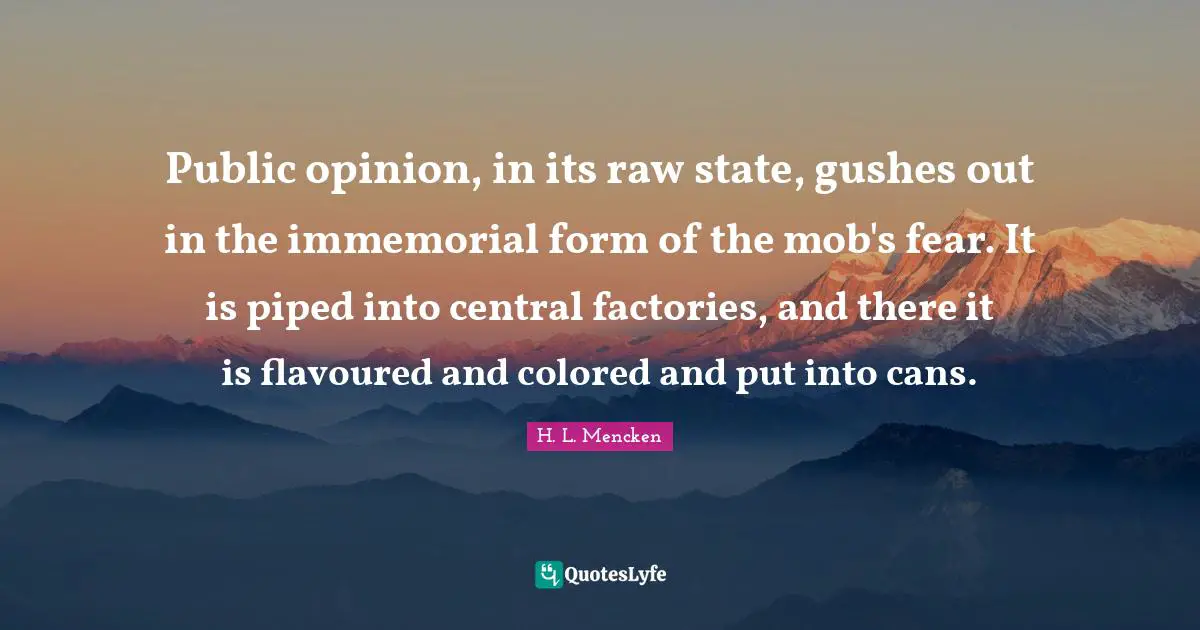 Public opinion, in its raw state, gushes out in the immemorial form of the mob's fear. It is piped into central factories, and there it is flavoured and colored and put into cans.