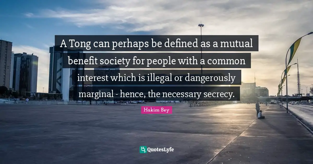 A Tong can perhaps be defined as a mutual benefit society for people with a common interest which is illegal or dangerously marginal - hence, the necessary secrecy.