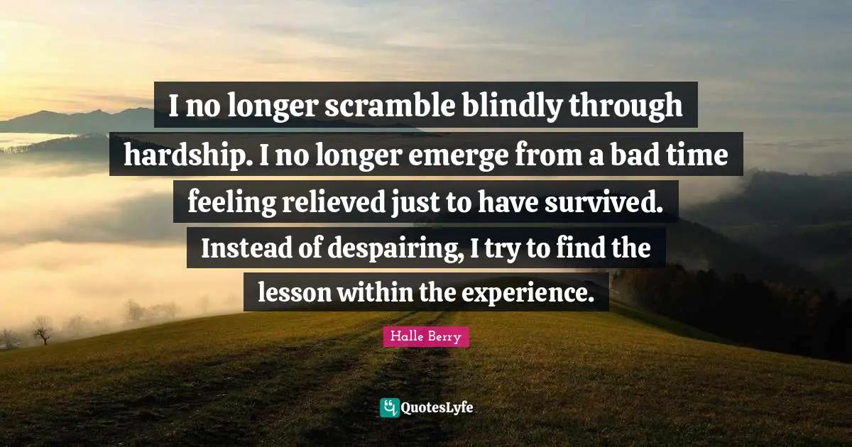 Halle Berry Quotes: "I no longer scramble blindly through hardship. I no longer emerge from a bad time feeling relieved just to have survived. Instead of despairing, I try to find the lesson within the experience."