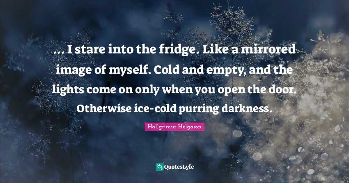 ... I stare into the fridge. Like a mirrored image of myself. Cold and empty, and the lights come on only when you open the door. Otherwise ice-cold purring darkness.