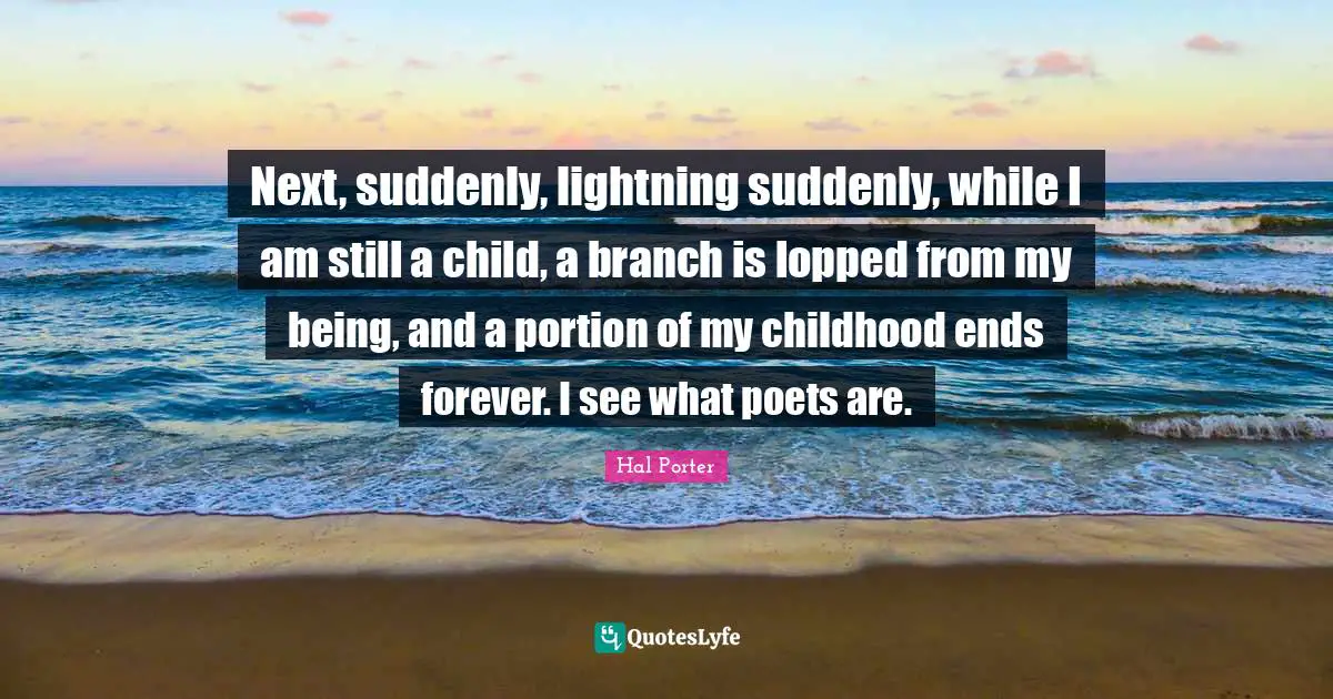 Next, suddenly, lightning suddenly, while I am still a child, a branch is lopped from my being, and a portion of my childhood ends forever. I see what poets are.
