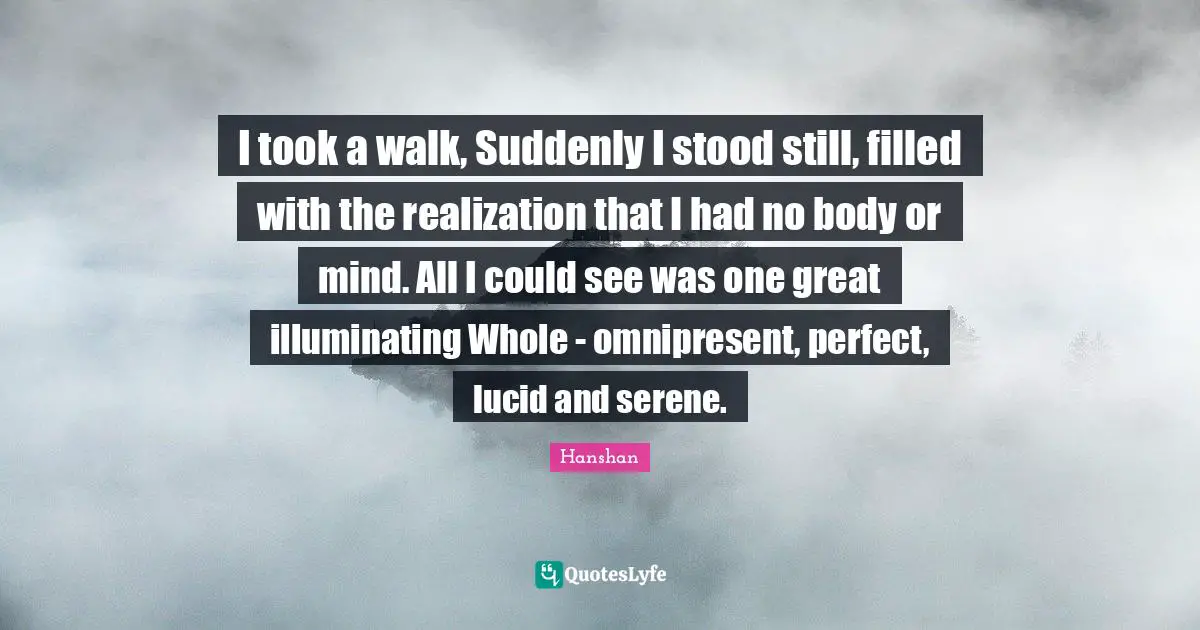 I took a walk, Suddenly I stood still, filled with the realization that I had no body or mind. All I could see was one great illuminating Whole - omnipresent, perfect, lucid and serene.