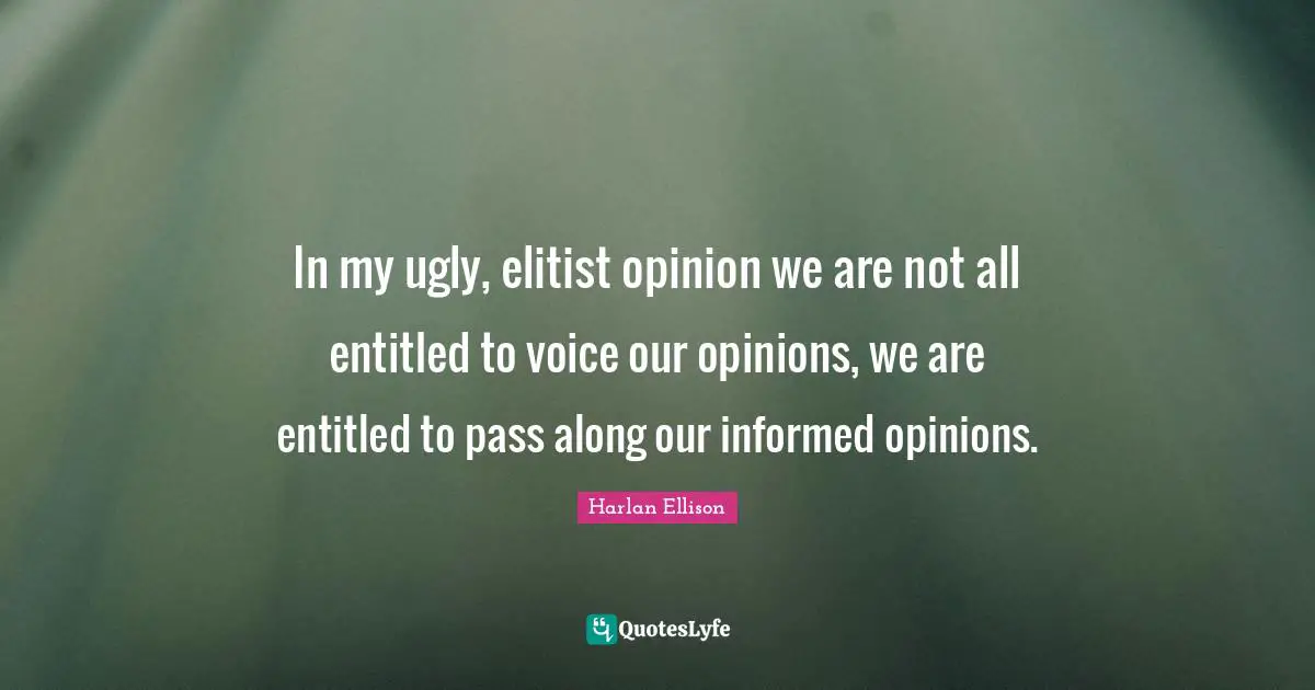 In my ugly, elitist opinion we are not all entitled to voice our opinions, we are entitled to pass along our informed opinions.