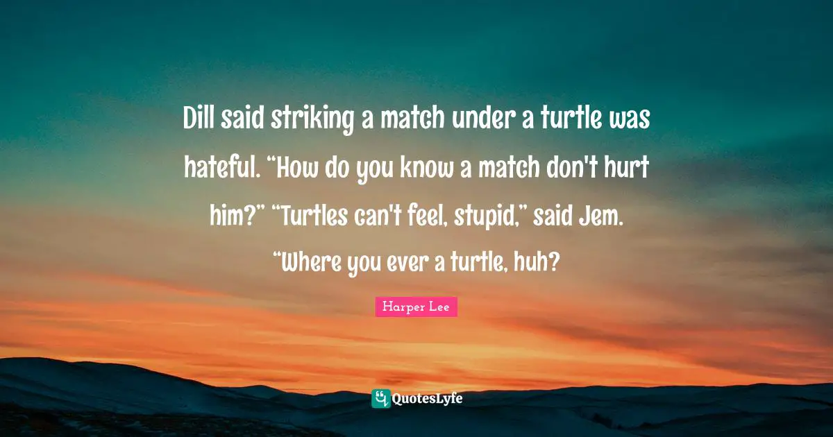Dill said striking a match under a turtle was hateful. “How do you know a match don't hurt him?” “Turtles can't feel, stupid,” said Jem. “Where you ever a turtle, huh?