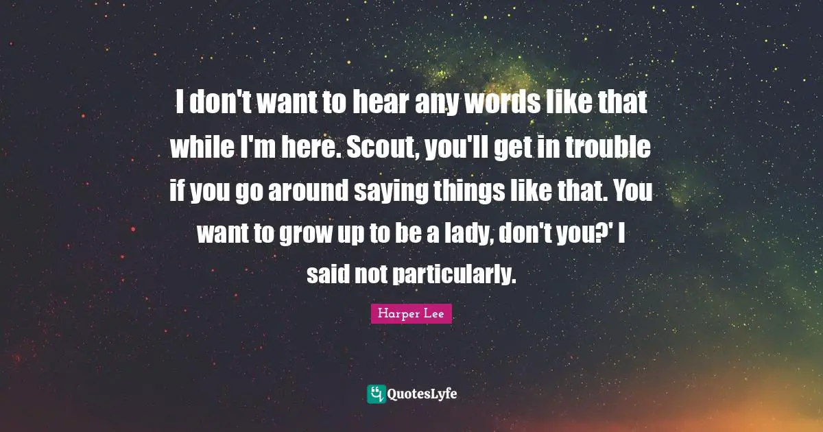 I don't want to hear any words like that while I'm here. Scout, you'll get in trouble if you go around saying things like that. You want to grow up to be a lady, don't you?' I said not particularly.