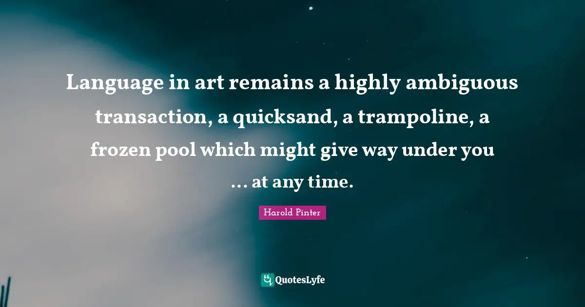 Language in art remains a highly ambiguous transaction, a quicksand, a trampoline, a frozen pool which might give way under you ... at any time.