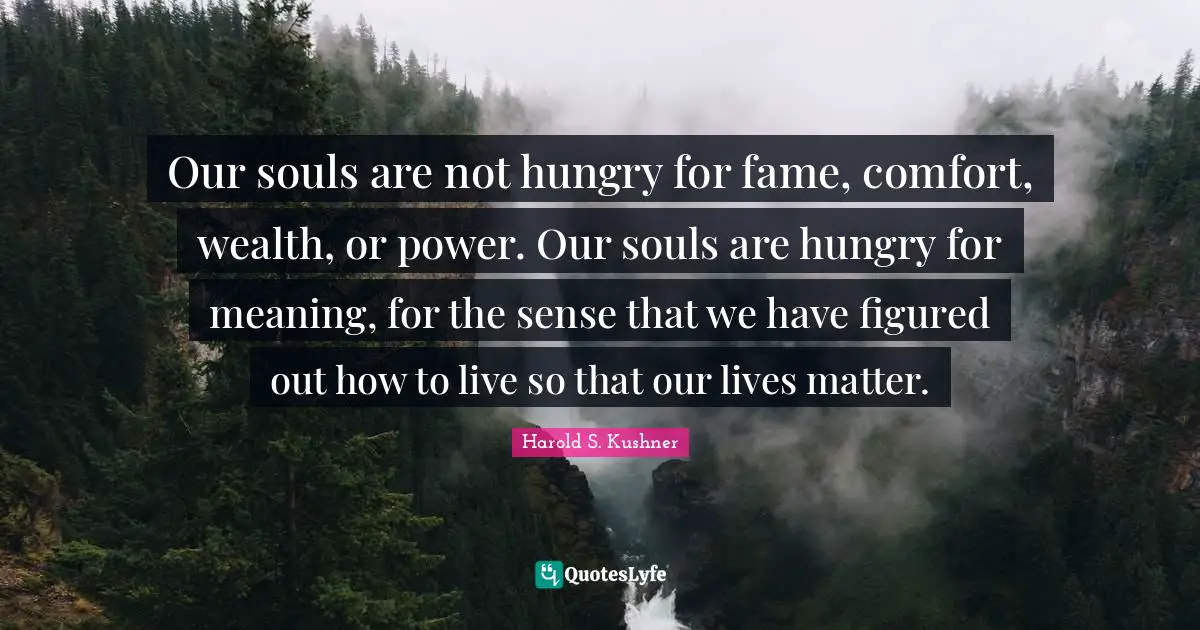 Harold S. Kushner Quotes: Our souls are not hungry for fame, comfort, wealth, or power. Our souls are hungry for meaning, for the sense that we have figured out how to live so that our lives matter.