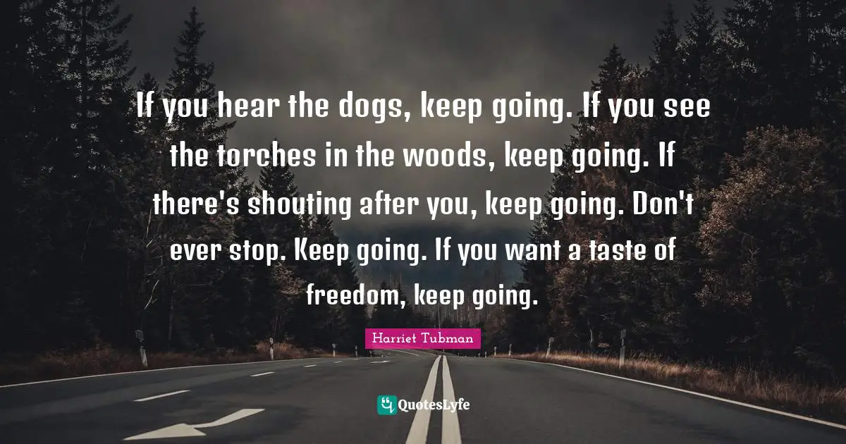 Harriet Tubman Quotes: If you hear the dogs, keep going. If you see the torches in the woods, keep going. If there's shouting after you, keep going. Don't ever stop. Keep going. If you want a taste of freedom, keep going.