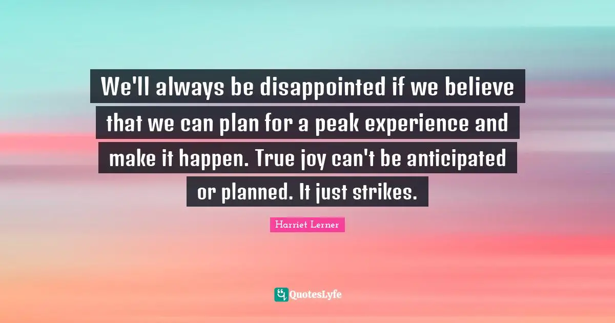Make It Happen Quotes: "We'll always be disappointed if we believe that we can plan for a peak experience and make it happen. True joy can't be anticipated or planned. It just strikes."