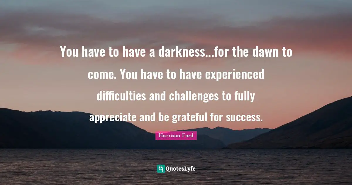 You have to have a darkness...for the dawn to come. You have to have experienced difficulties and challenges to fully appreciate and be grateful for success.