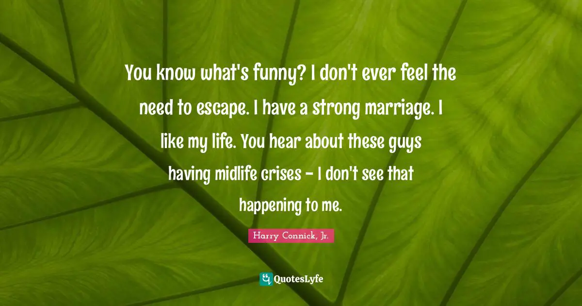 You know what's funny? I don't ever feel the need to escape. I have a strong marriage. I like my life. You hear about these guys having midlife crises - I don't see that happening to me.