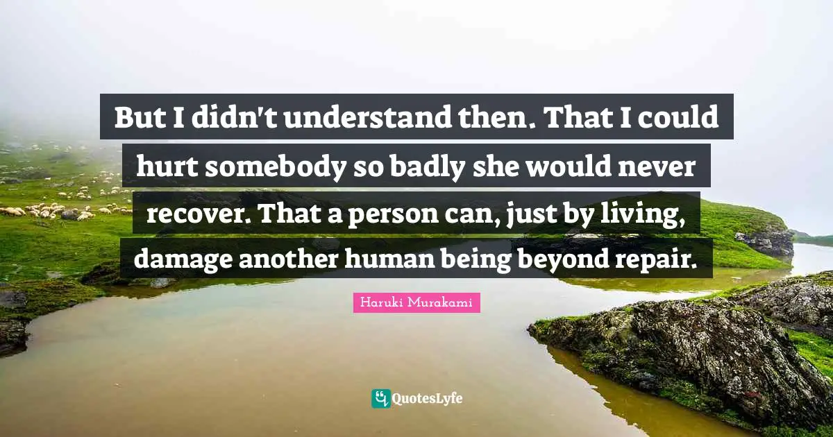 But I didn't understand then. That I could hurt somebody so badly she would never recover. That a person can, just by living, damage another human being beyond repair.