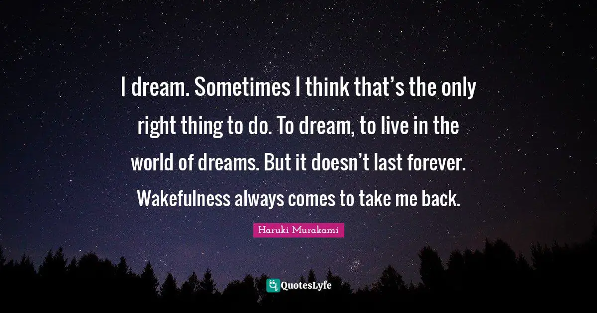I dream. Sometimes I think that’s the only right thing to do. To dream, to live in the world of dreams. But it doesn’t last forever. Wakefulness always comes to take me back.