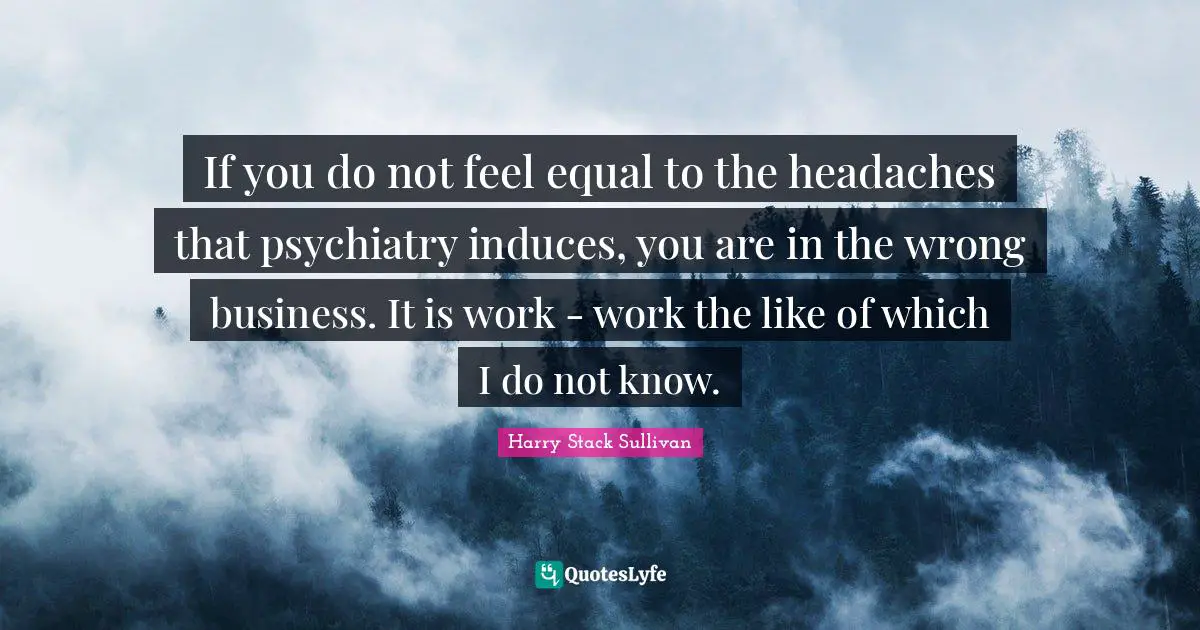 If you do not feel equal to the headaches that psychiatry induces, you are in the wrong business. It is work - work the like of which I do not know.