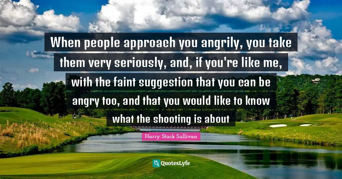 Suggestions Quotes: "When people approach you angrily, you take them very seriously, and, if you're like me, with the faint suggestion that you can be angry too, and that you would like to know what the shooting is about"