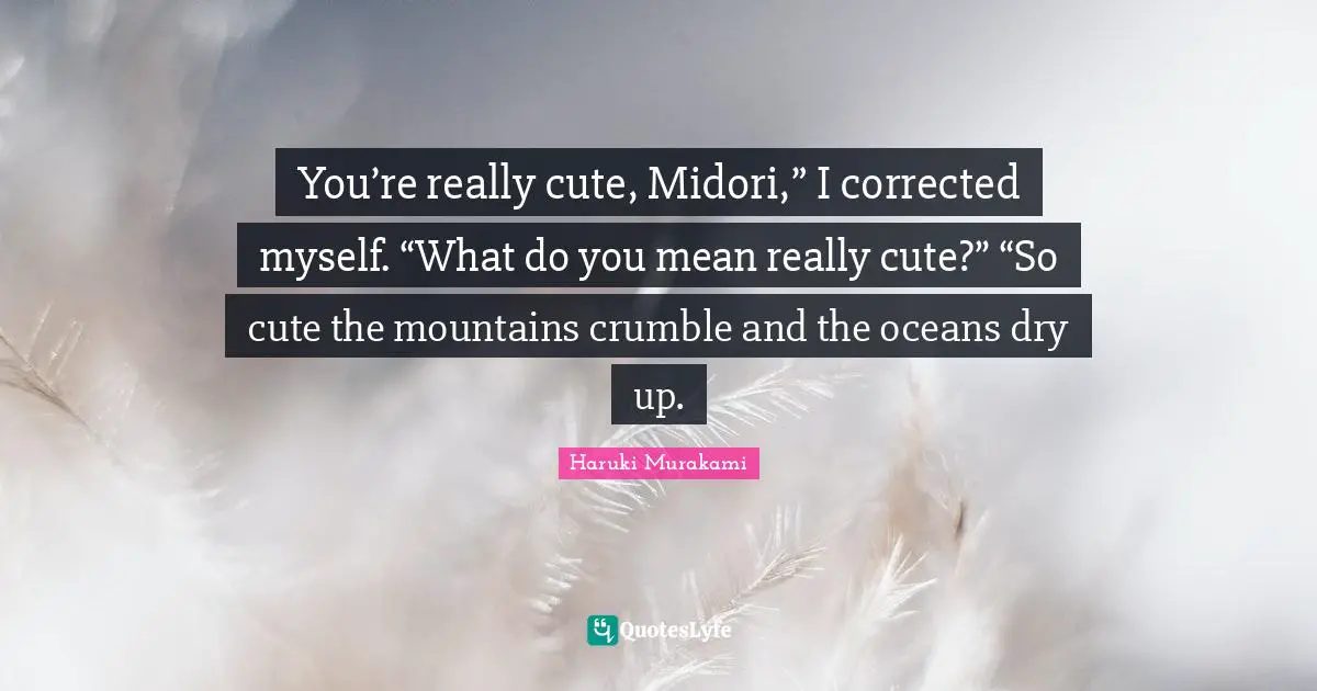 You’re really cute, Midori,” I corrected myself. “What do you mean really cute?” “So cute the mountains crumble and the oceans dry up.