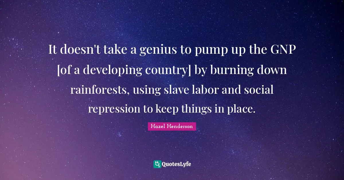 It doesn't take a genius to pump up the GNP [of a developing country] by burning down rainforests, using slave labor and social repression to keep things in place.