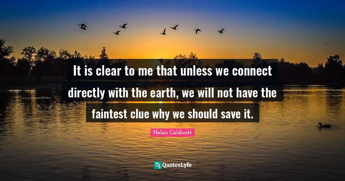 Clue Quotes: "It is clear to me that unless we connect directly with the earth, we will not have the faintest clue why we should save it."