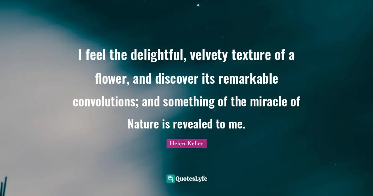 I feel the delightful, velvety texture of a flower, and discover its remarkable convolutions; and something of the miracle of Nature is revealed to me.